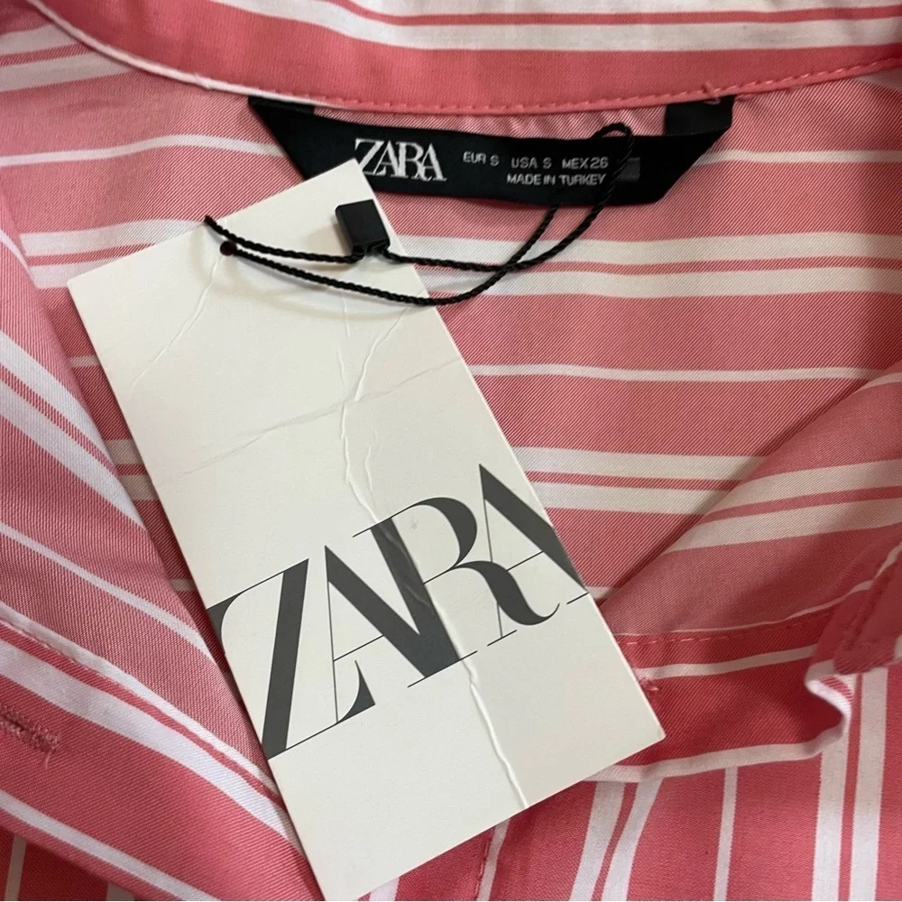 NWT New Zara Red White Striped Cotton Blend Shirt Size S
